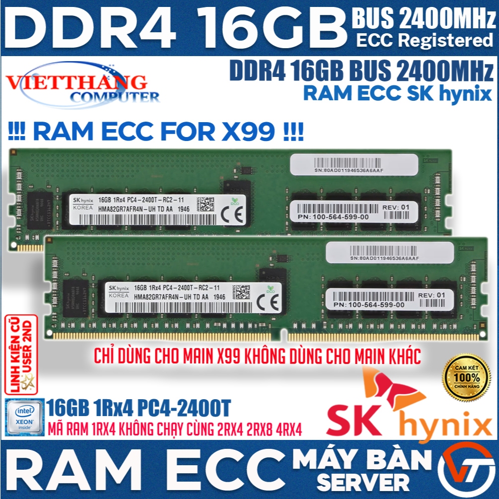 Ram Máy Tính Reg ECC SK hynix 16GB DDR4 1Rx4 Bus 2400Mhz cho X99 Cũ qua sử dụng còn đẹp ( Cũ - 2ND )