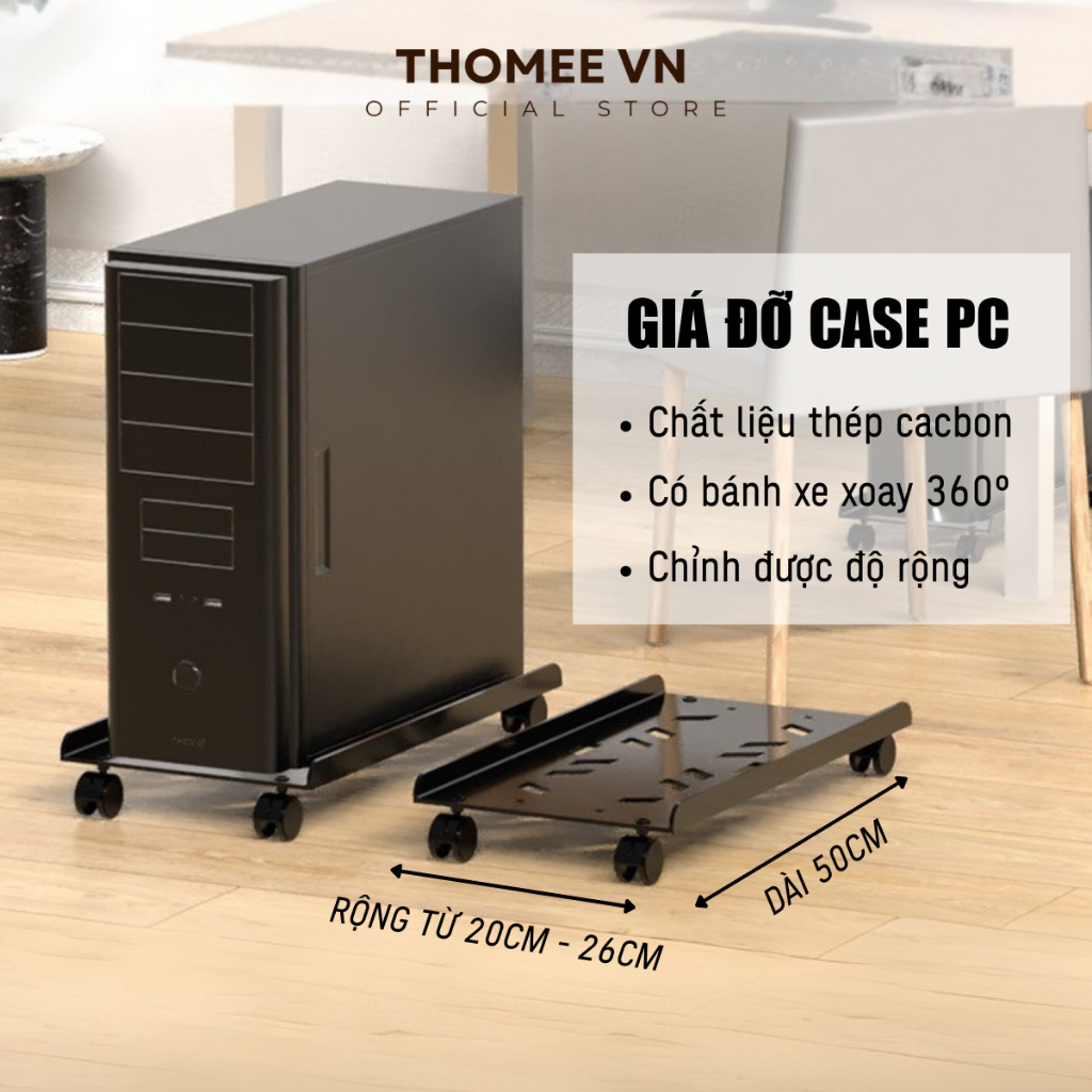 Kệ để cây máy tính CPU đế nâng tản nhiệt có bánh xe di động, Giá đỡ Case PC có thể điều chỉnh độ rộng