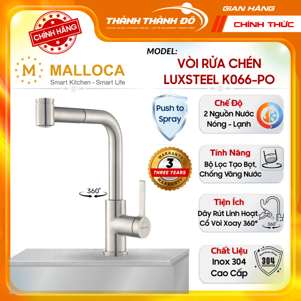 [CHÍNH HÃNG] Vòi rửa chén nóng lạnh Malloca LuxSteel K066-PO - Inox 304, có dây rút