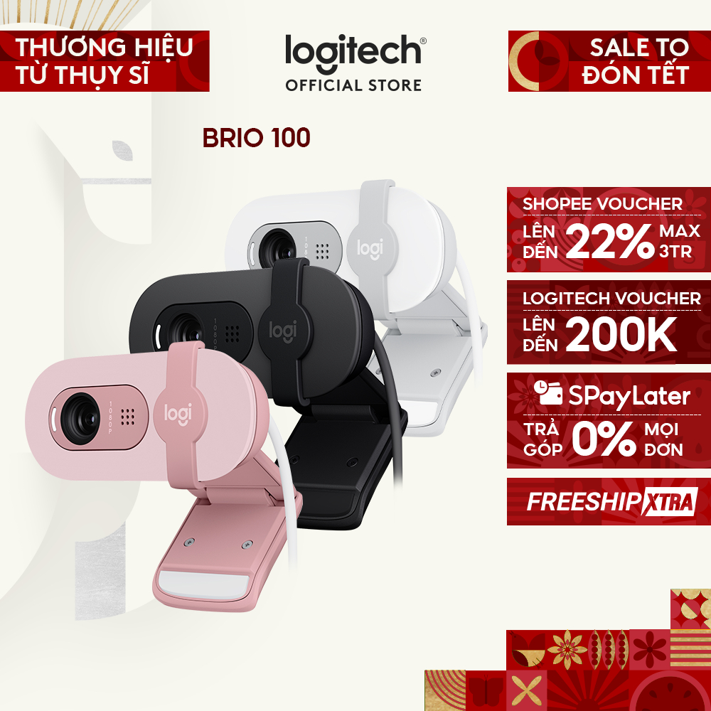 Webcam Full HD Logitech Brio 100 - Cân bằng ánh sáng, Mic, Màn chập, USB-A, Google Meet, Zoom