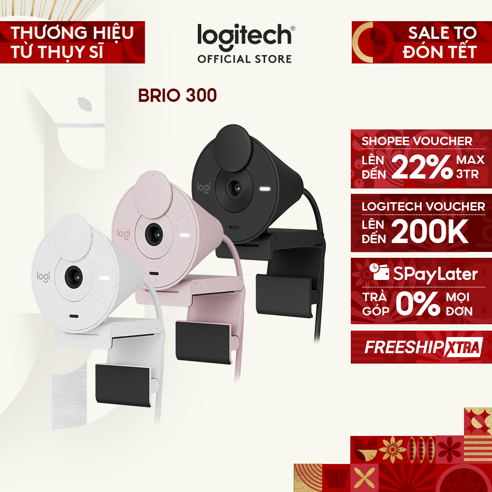 Webcam Full HD Logitech Brio 300 - Micrô giảm tiếng ồn, USB-C, tự động chỉnh ánh sáng