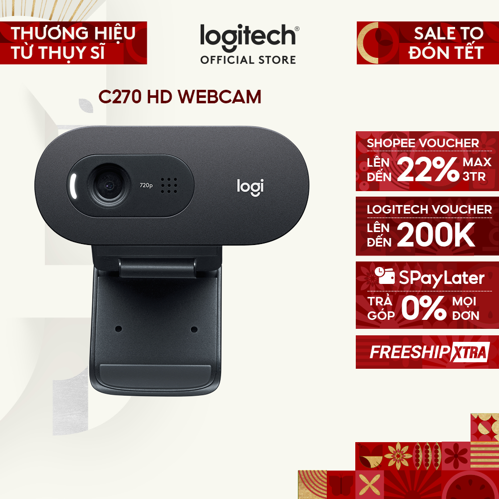 Webcam Logitech C270 720p HD - Góc cam 55o, mic giảm ồn, tự chỉnh sáng, chụp ảnh 3MB