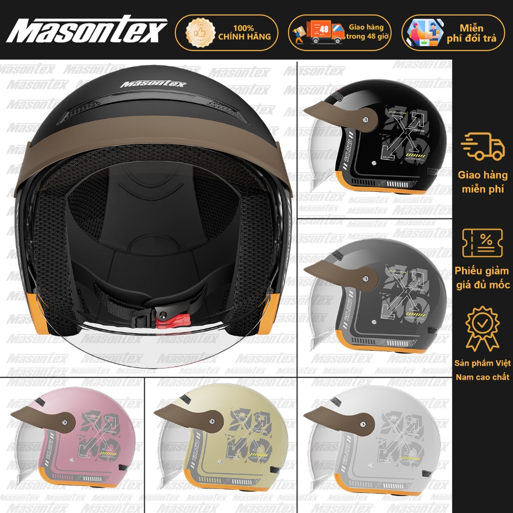 🔥 Giá Tốt Masontex 702 Mũ Bảo Hiểm 3/4 Unisex Kính gập Vỏ ABS Nhẹ thoáng khí Đi xe máy hằng ngày
