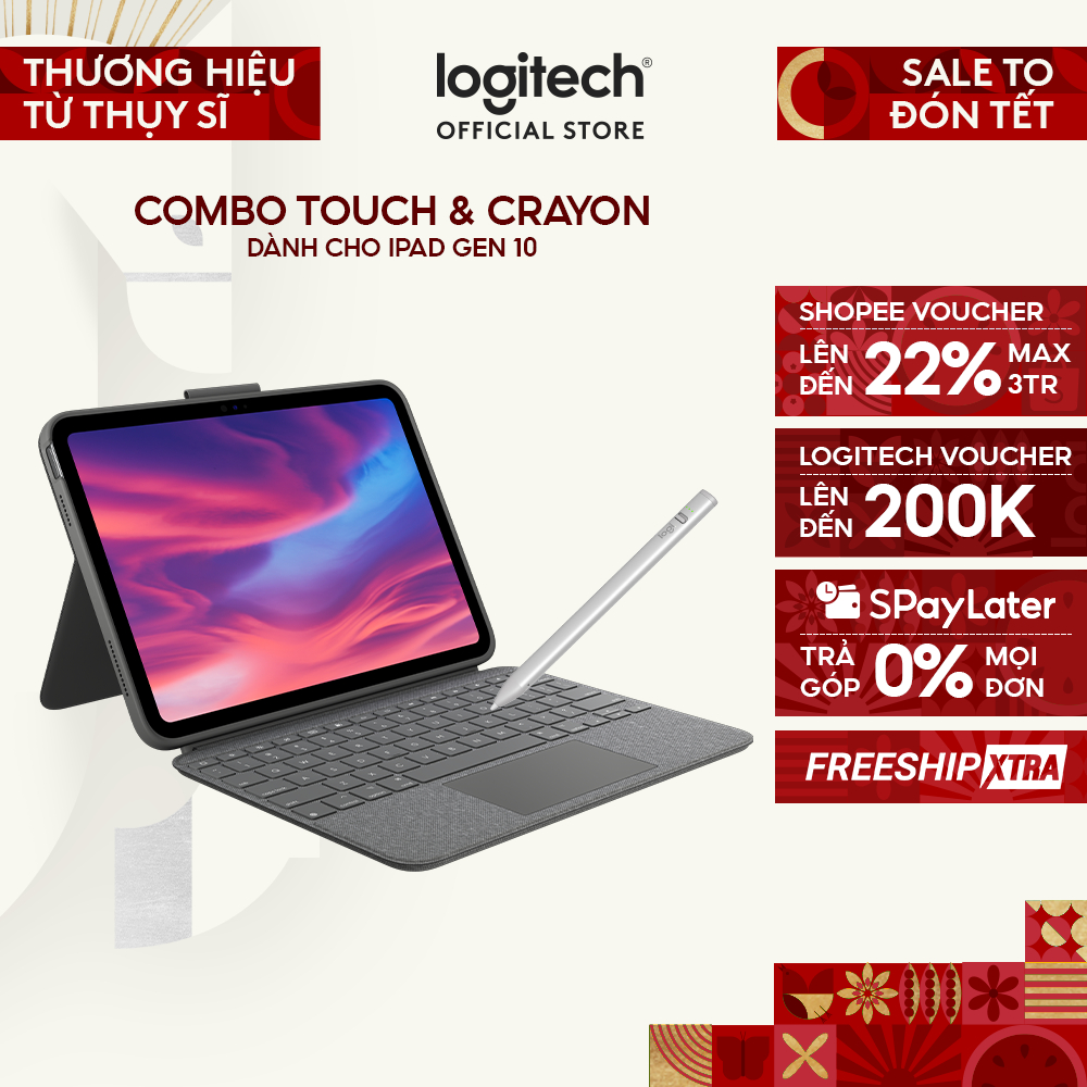 Bao da kèm phím Logitech Combo Touch dành cho iPad Gen 10 (10.9 inch) & Bút cảm ứng Logitech Crayon
