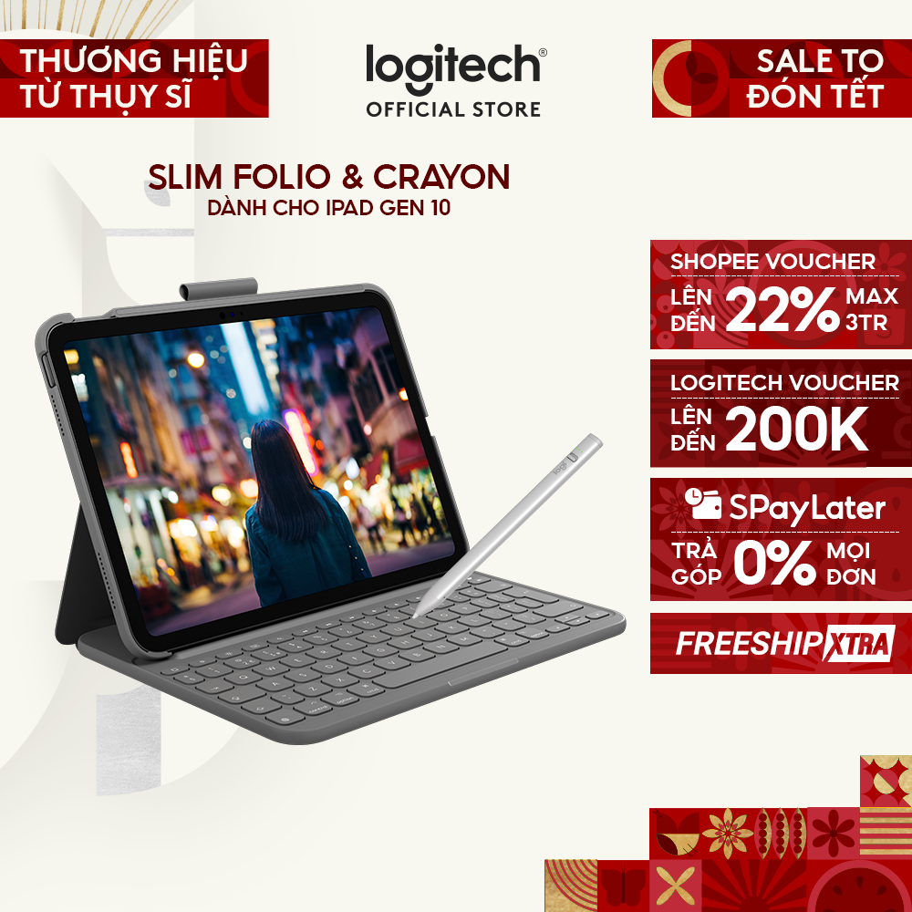 Bao da kèm phím Logitech Slim Folio cho iPad Gen 10 (10.9 inch) & Bút cảm ứng Logitech Crayon
