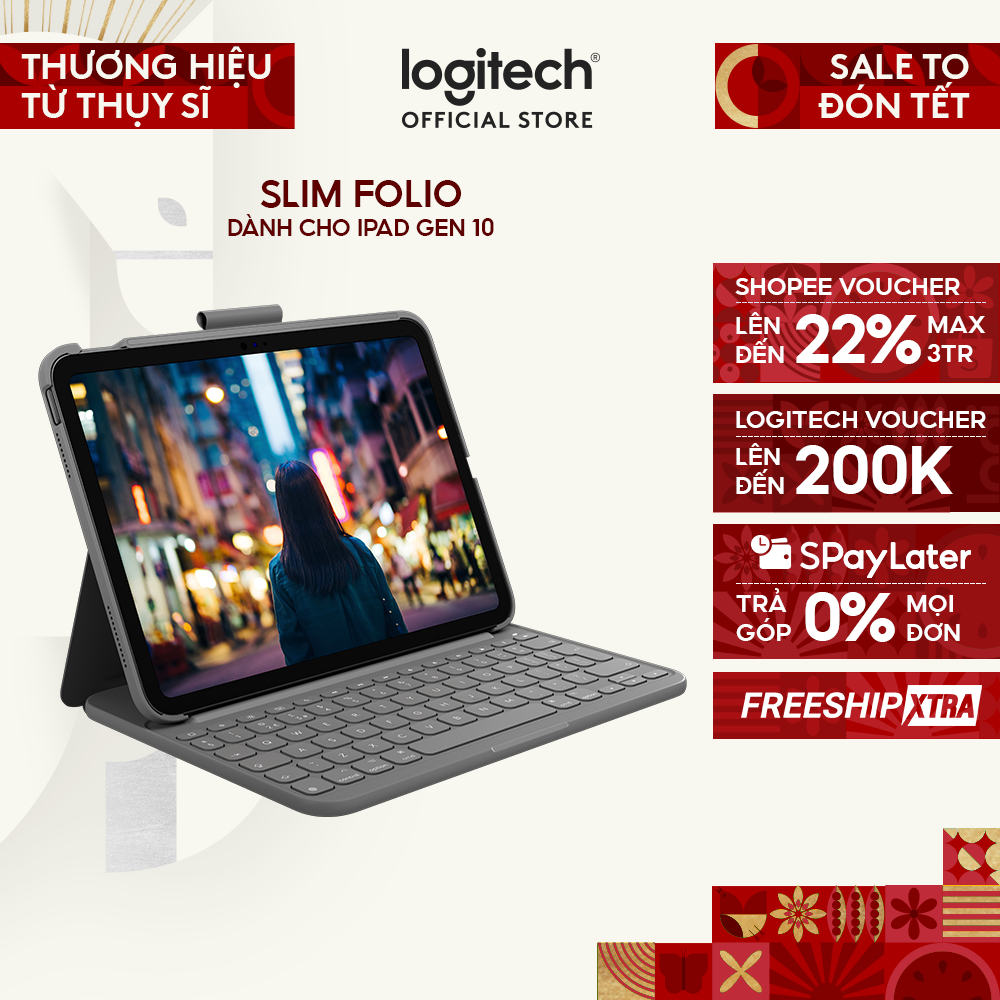 Bao da case kèm phím Logitech Slim Folio dành cho iPad Gen 10 (10.9 inch) & iPad A16 - Bluetooth, Pi