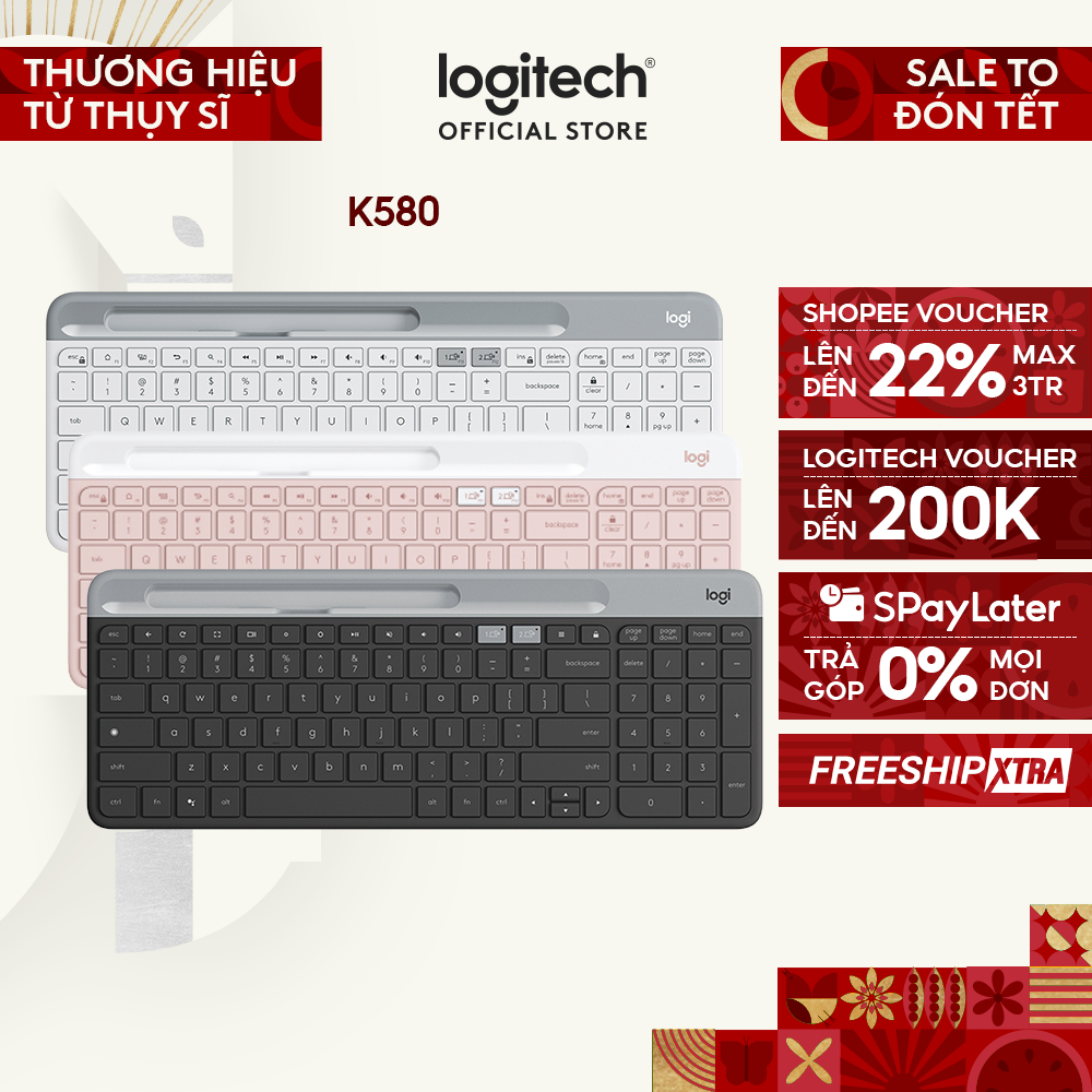 Bàn phím không dây Bluetooth Logitech K580 - Kết nối đa thiết bị, mảnh gọn, PC/ iPad