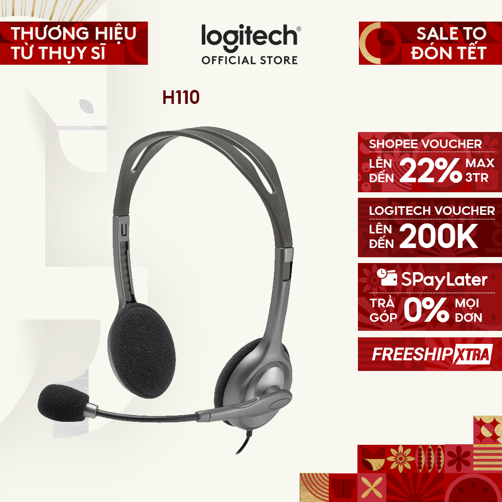 Tai nghe chụp tai Logitech H110 - 2 jack 3.5mm, Mic khử giảm tiếng ồn, âm thanh nổi