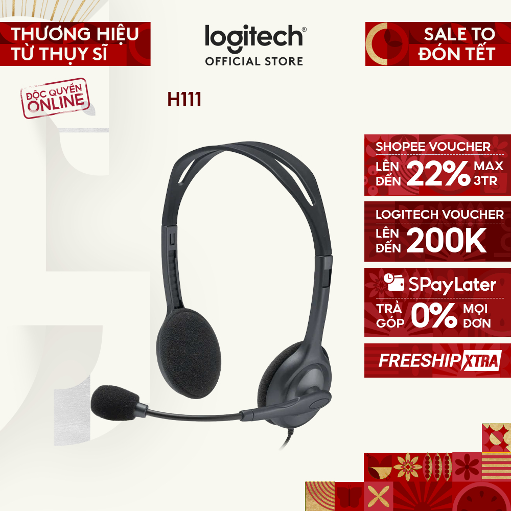 Tai nghe chụp tai Logitech H111 - 1 jack 3.5mm, Mic khử giảm tiếng ồn, âm thanh nổi