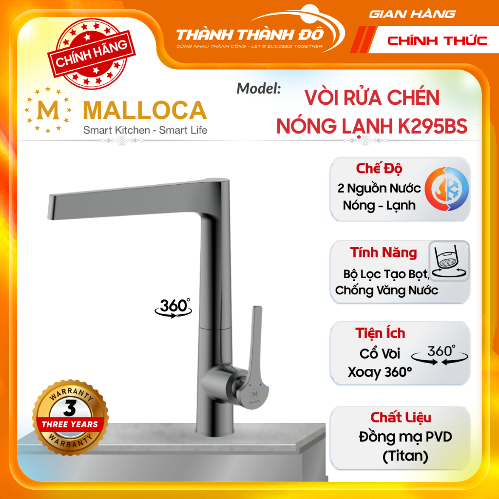 [CHÍNH HÃNG] Vòi Rửa Chén Nóng Lạnh Malloca K295BS - Đồng mạ PVD (Titan) - Bảo Hành 3 Năm