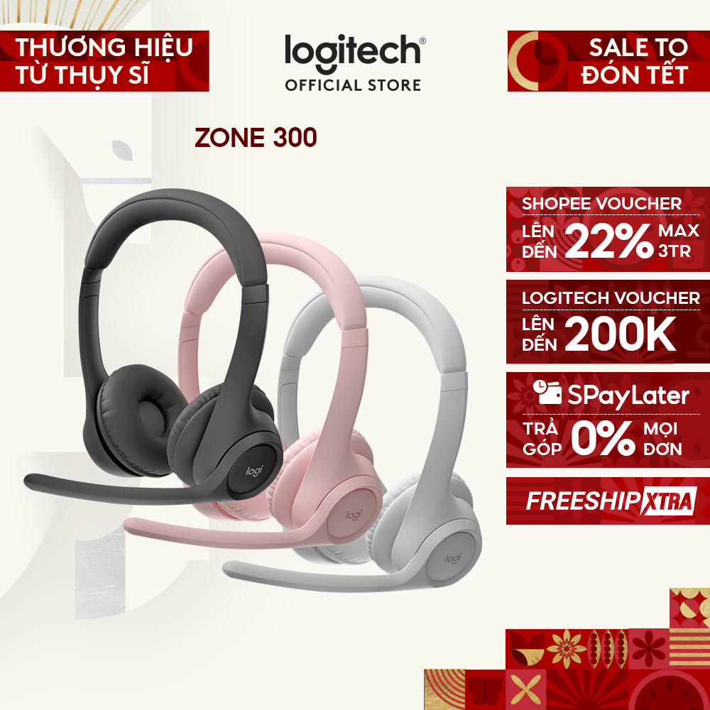 Tai nghe Bluetooth không dây Logitech Zone 300 - Micrô khử ồn, Windows, Mac