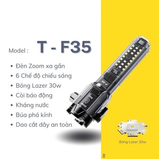 Đèn pin led f35 f37 cao cấp lazer siêu sáng có còi báo động cắt dây an toàn phá kính sạc cho điện thoại tiện dụng