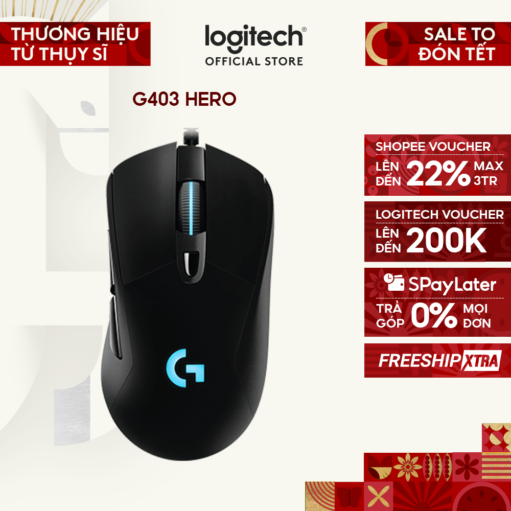 Chuột gaming có dây RGB Logitech G403 Hero - cảm biến 25k, công thái học, nhẹ 87g