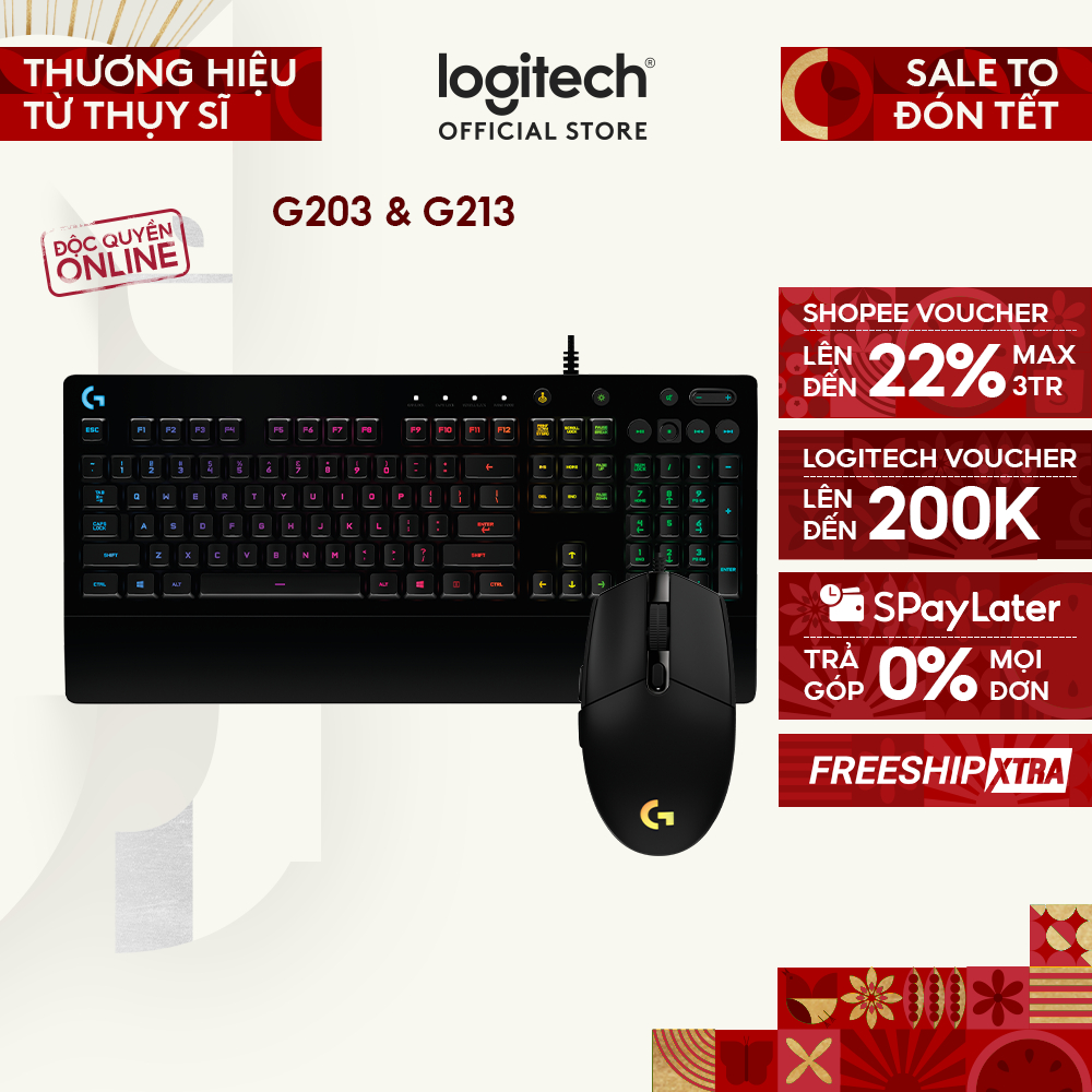 Combo Bàn Phím Gaming Logitech G213 và Chuột Gaming Logitech G203 - Tùy chỉnh RGB, kết nối G HUB