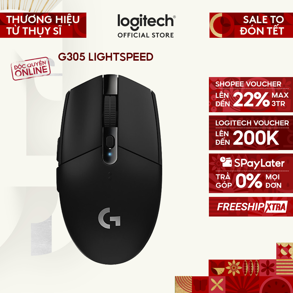 Chuột gaming không dây Logitech G G305 LIGHTSPEED - Hero 12K DPI, Nhẹ 99g, 6 nút lập trình, Pin 250h