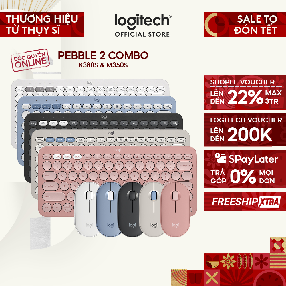 Pebble 2 Combo, Bàn phím Bluetooth Logitech K380s và chuột Logitech M350s - Yên tĩnh,  Easy-Switch
