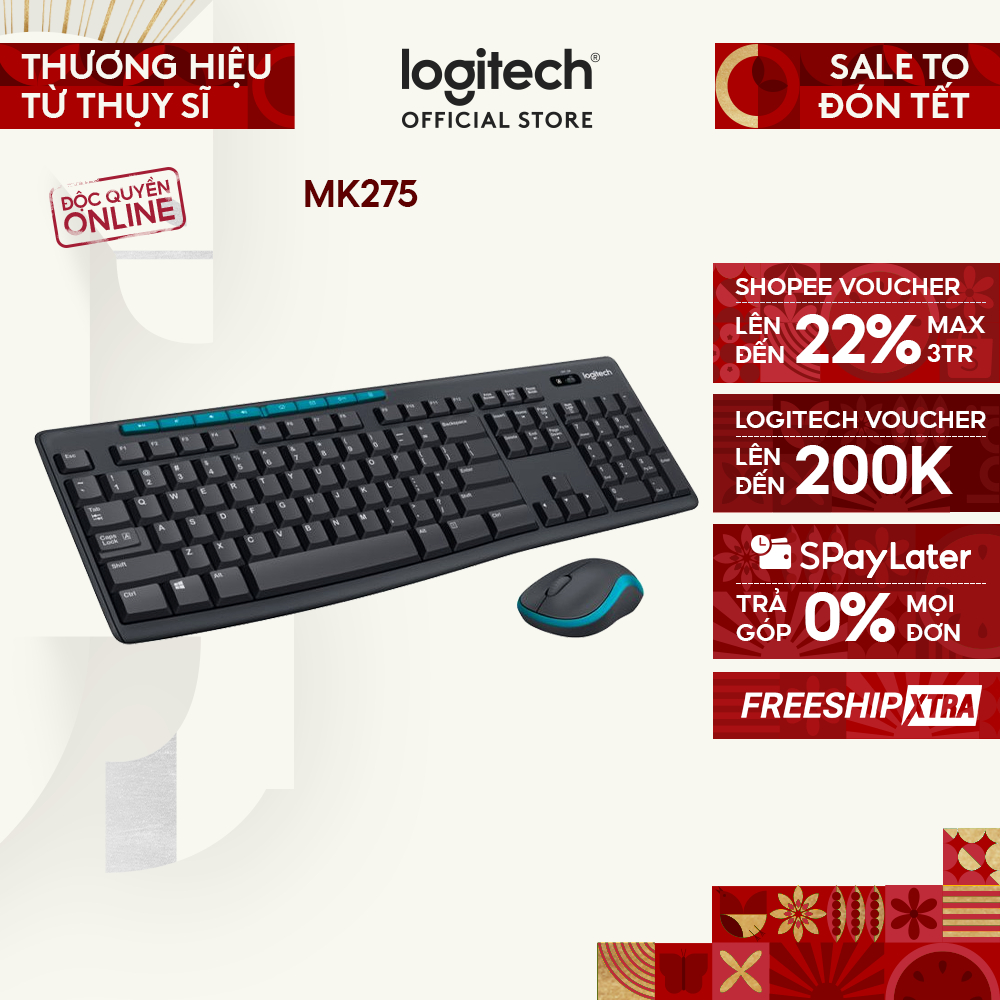 Combo chuột phím không dây Logitech MK275 - Phím media & viền chuột nổi bật, 1 đầu USB