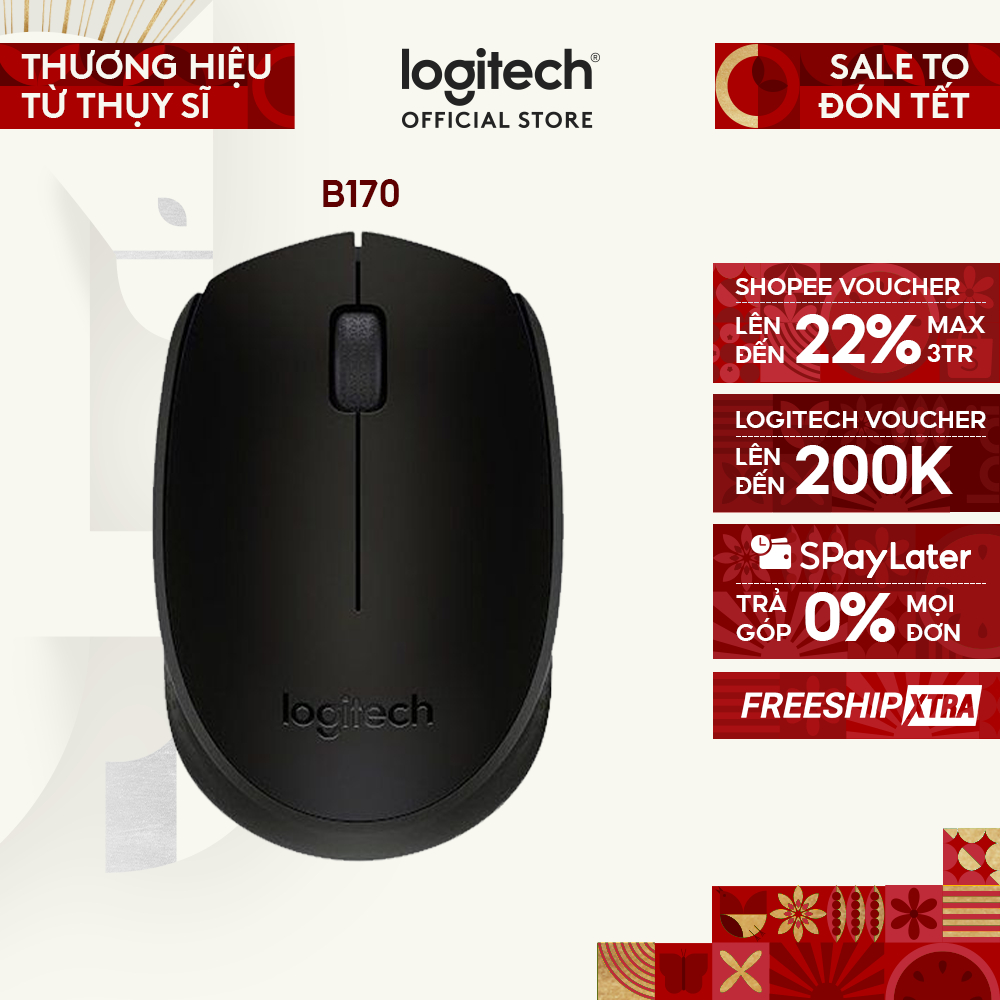 Chuột không dây Logitech B170 - USB, nhỏ gọn, thuận cả 2 tay, phù hợp PC/Laptop