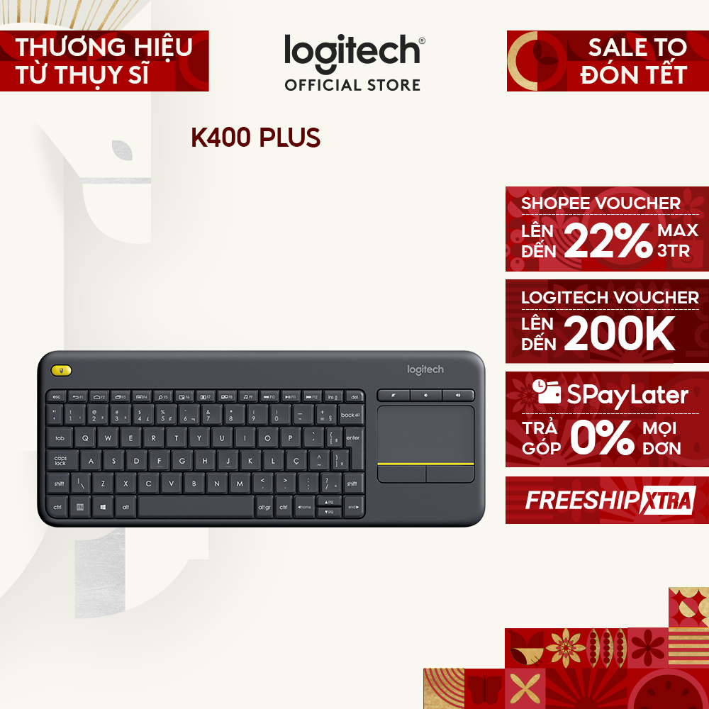 Bàn phím không dây Logitech K400 Plus, có touchpad để kết nối PC - TV, Laptop