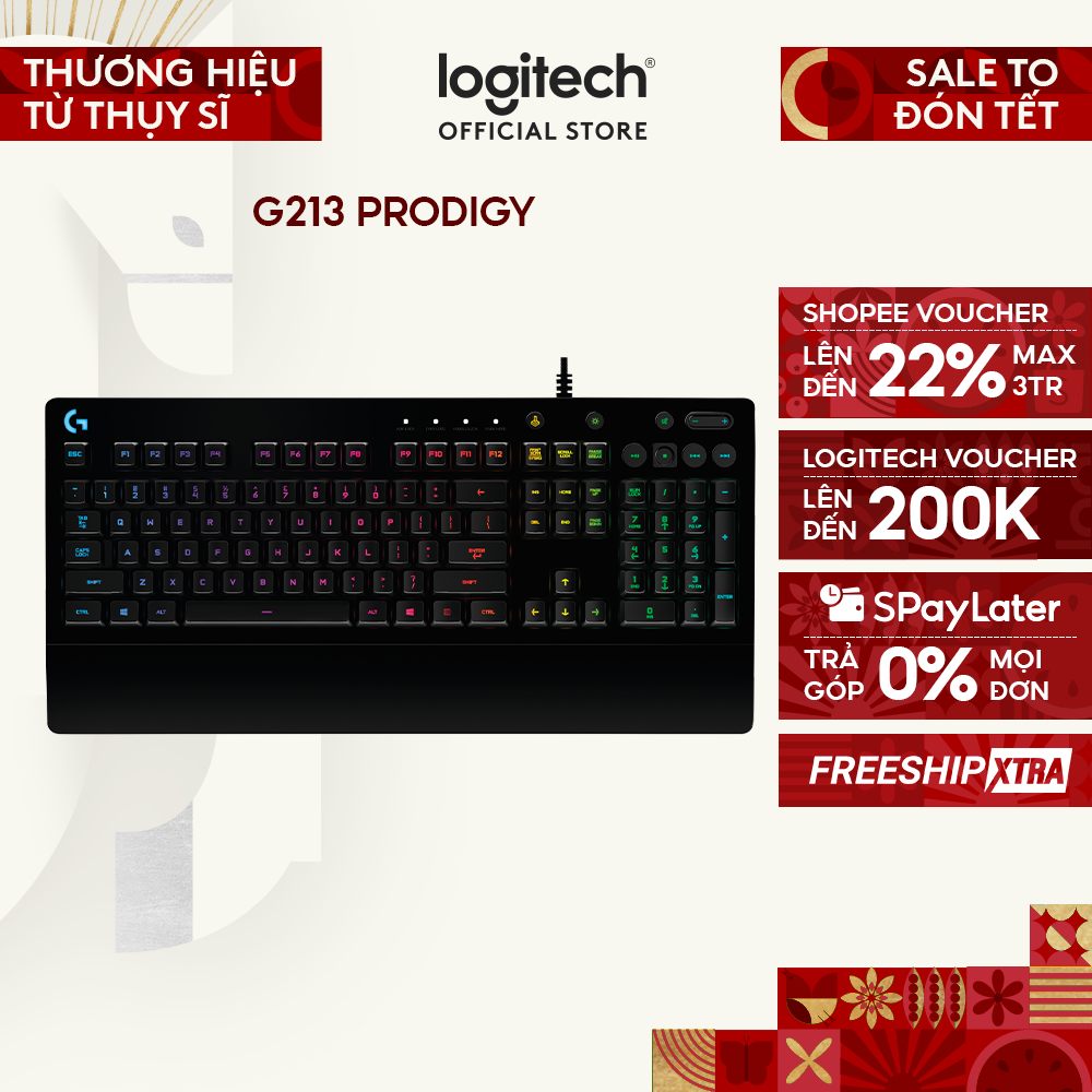 Bàn phím gaming có dây Logitech G213 Prodigy - RGB, Full size, chống tràn bền bỉ