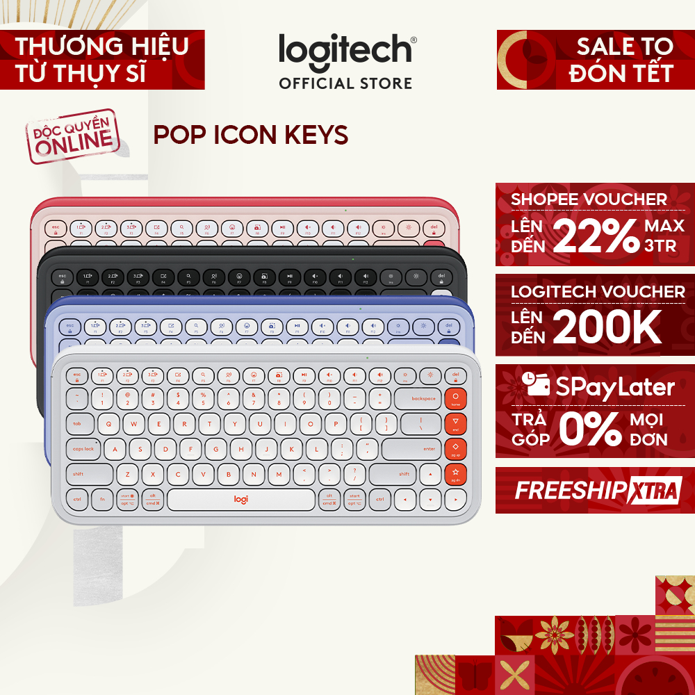 Bàn phím Bluetooth không dây POP ICON KEYS Logitech - Thoải mái, Nút lập trình, Kết nối 3 thiết bị