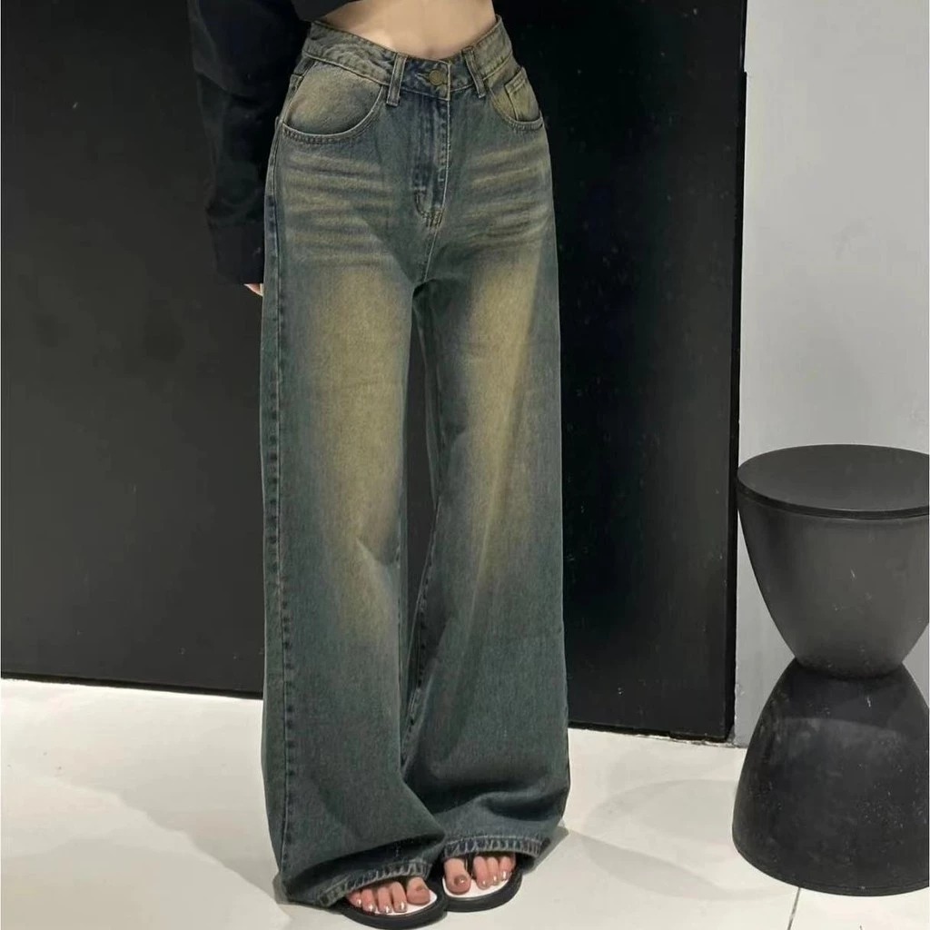 Quần Jean Ống Suông Nữ, Quần Bò Mềm Ống Suông HiYou 2 Màu Wash, Quần Jean Thụng Chất Liệu Denim Cao 