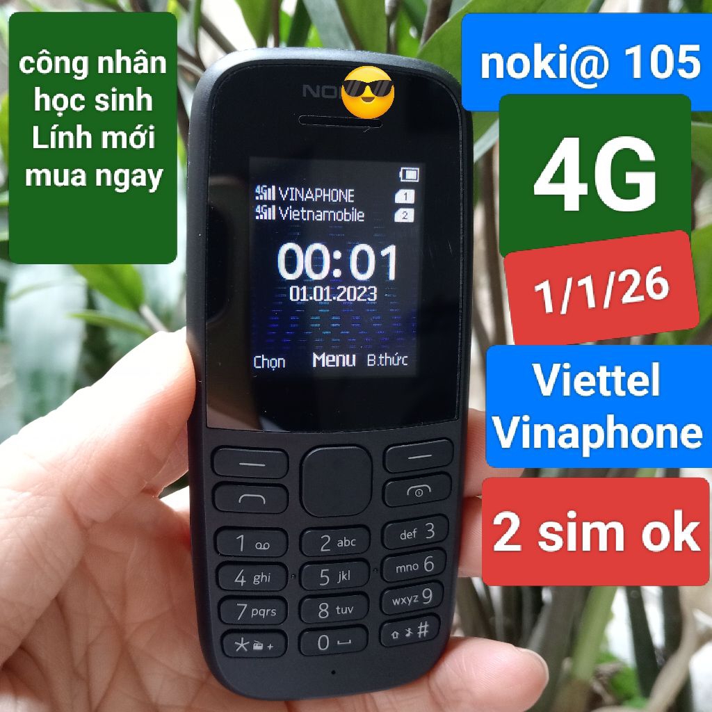 Điện thoại 105 4G noki@ , 2 sim lắp sim Viettel, vina, iTEL nghe gọi tốt.