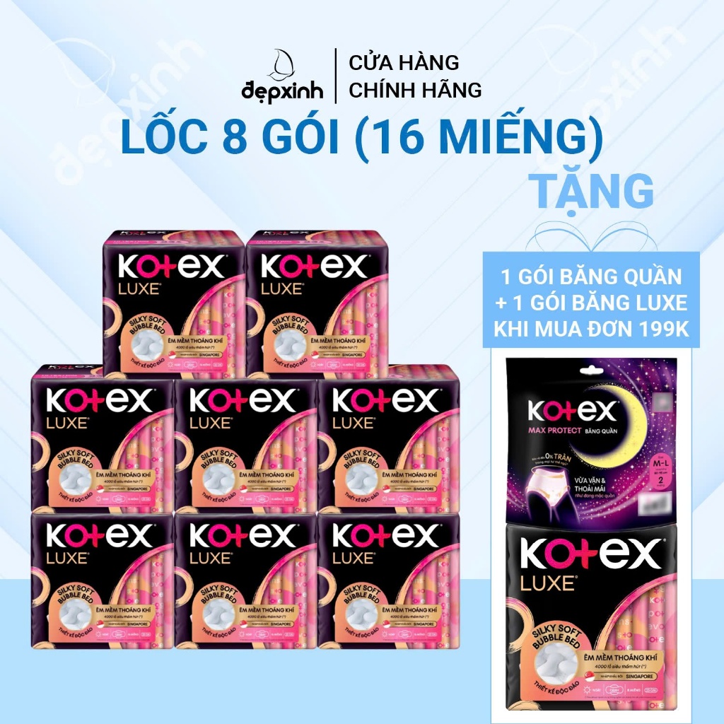 Lốc 8 gói Băng vệ sinh Kotex Luxe ban ngày có cánh 23cm x 16 miếng