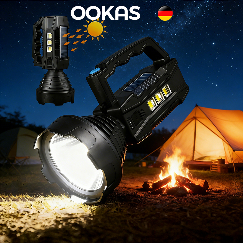OOKAS Đèn Pin LED Siêu Sáng Mạnh Mẽ,chạy bằng năng lượng mặt trời,Có thể chiếu xạ trong 12 giờ