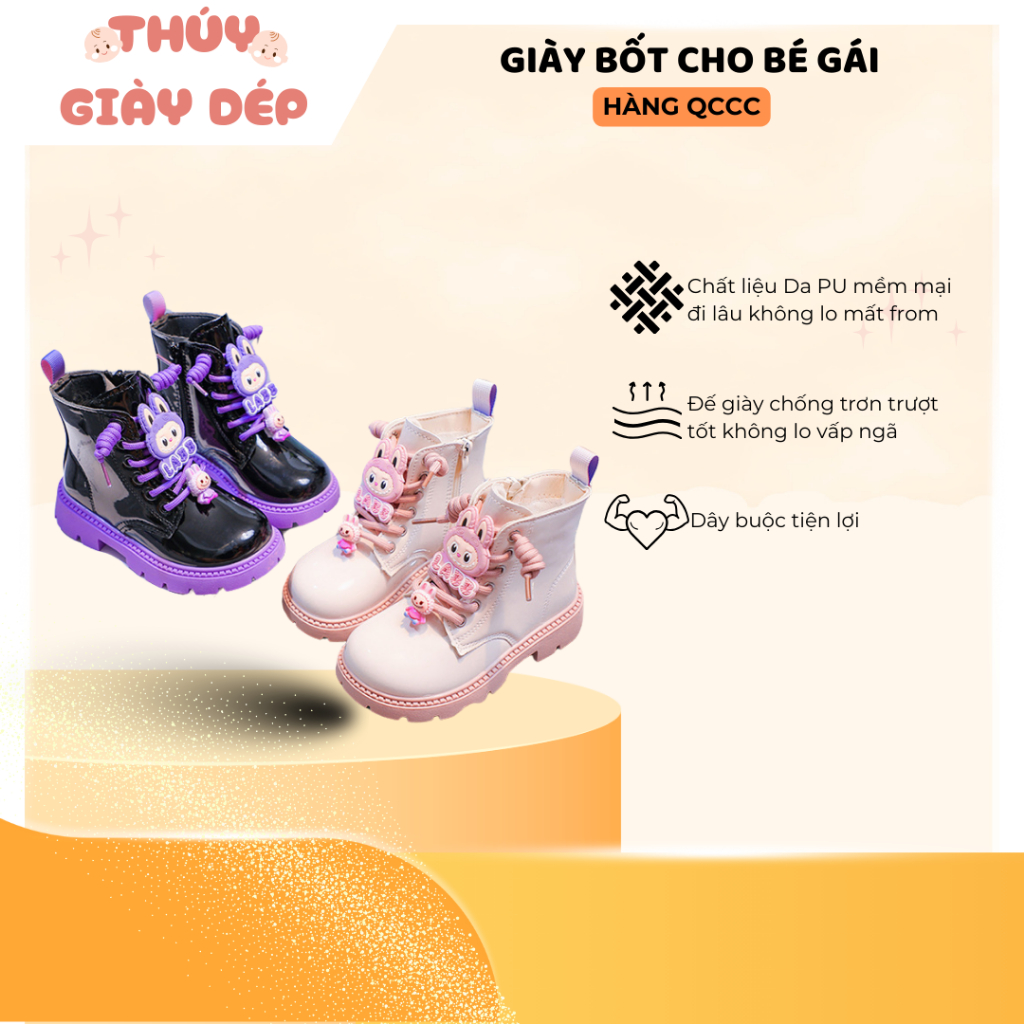 Giày Boot Cao Cổ Bé Gái Họa Tiết Xinh Xắn, Bốt Cho Bé Gái Da PU Mềm Mại Chống Trơn Trượt Tốt (6613)
