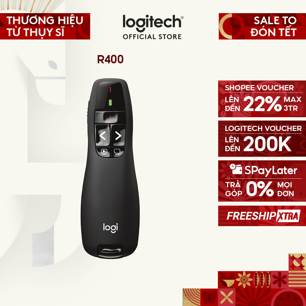 Bút trình chiếu từ xa Logitech R400 - Không dây USB 15m, nút bấm tiện lợi