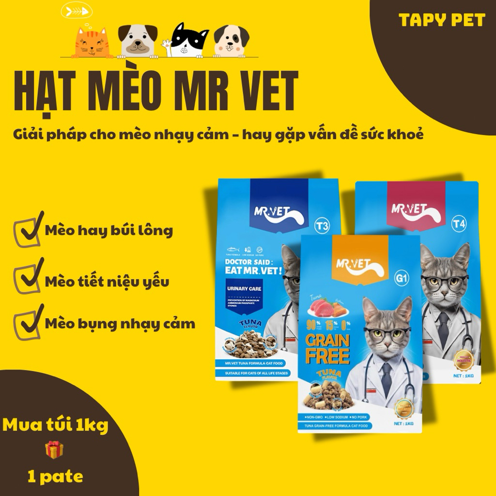 Hạt Mèo MR.VET 1kg – Thức Ăn Khô Cho Mèo Nhạy Cảm (G1 / T3 / T4)