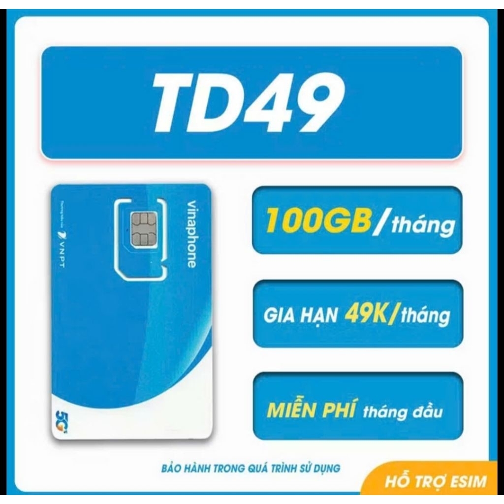 Sim 5g Vinaphone- TD49 1 tháng, 100gb/tháng, các tháng sau gia hạn 49k/tháng