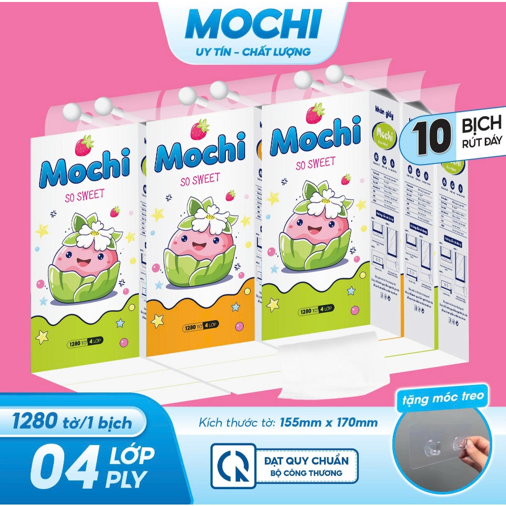 [COMBO 10 BỊCH LOẠI 1280 TỜ] Giấy ăn rút Mochi 4 lớp mềm mịn 1280 tờ/bịch, làm từ bột gỗ tự nhiên mề