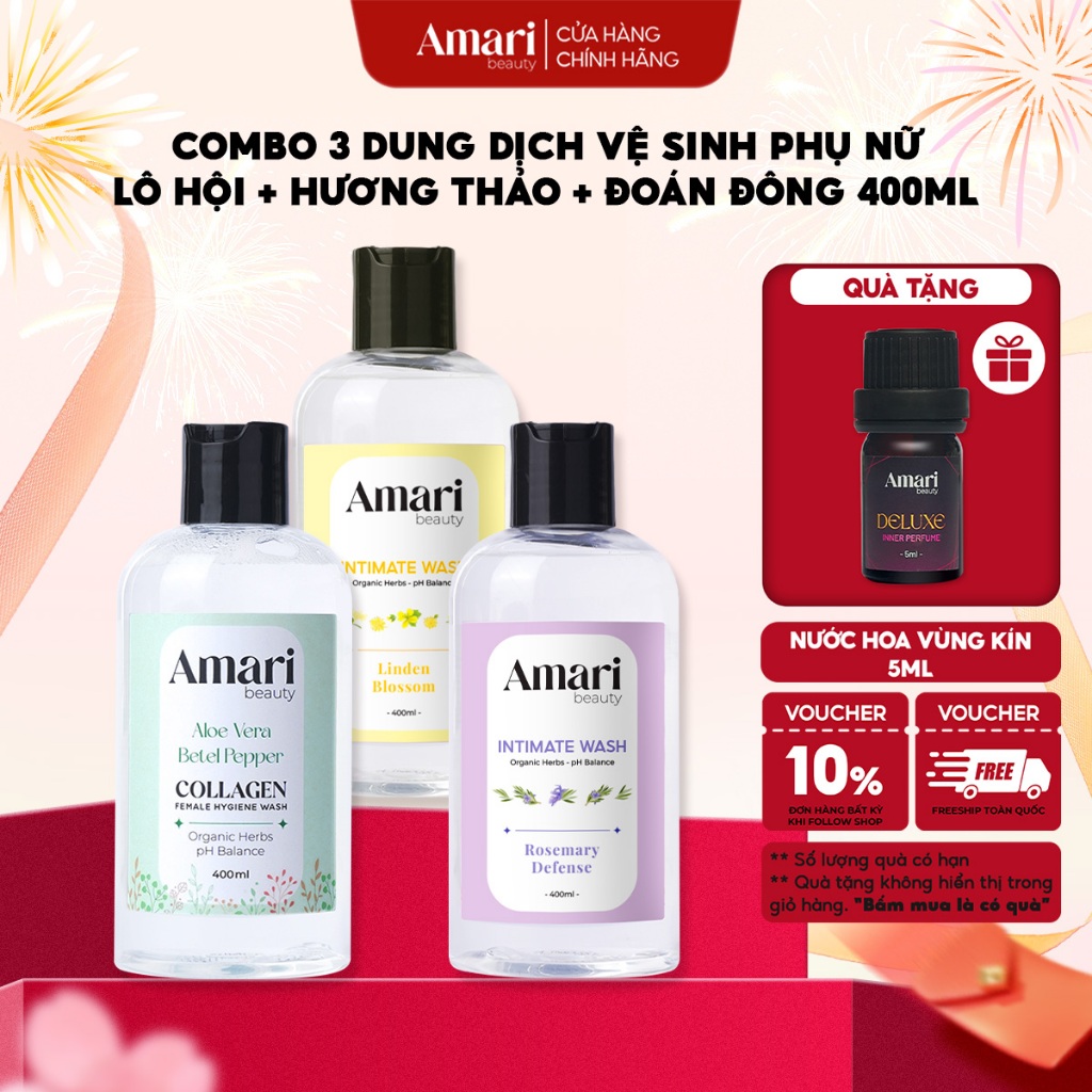 [Combo 3] Dung Dịch Vệ Sinh Phụ Nữ Amari Beauty Collagen Giúp Làm Sạch, Cân Bằng pH, Dưỡng Ẩm - 400m