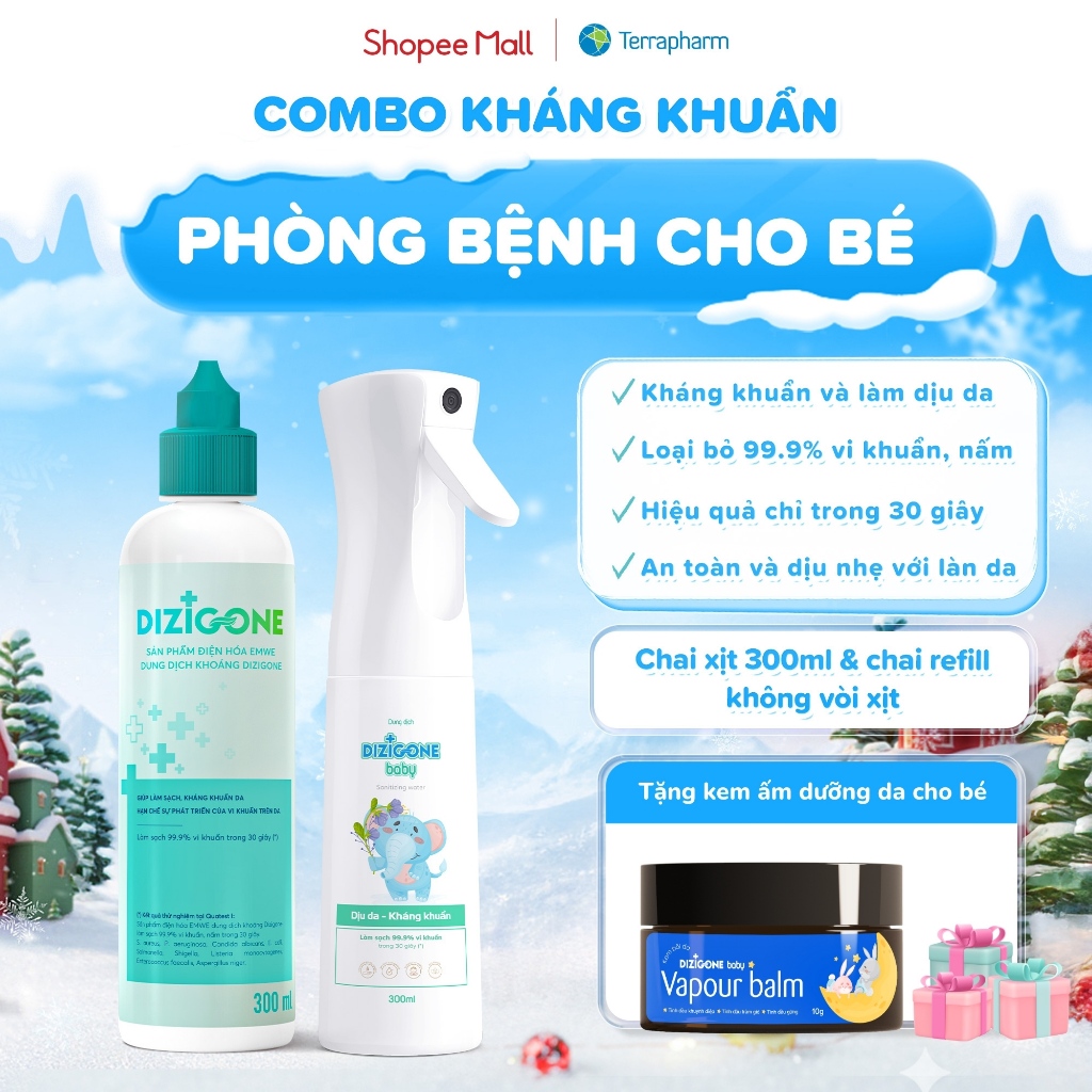 [COMBO] Xịt kháng khuẩn DIZIGONE Baby 300ml & Dung dịch kháng khuẩn DIZIGONE: Xịt tay chân, đồ chơi,