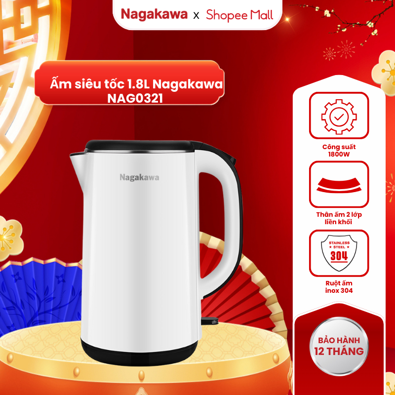 Ấm siêu tốc inox 304 1.8L Nagakawa NAG0321