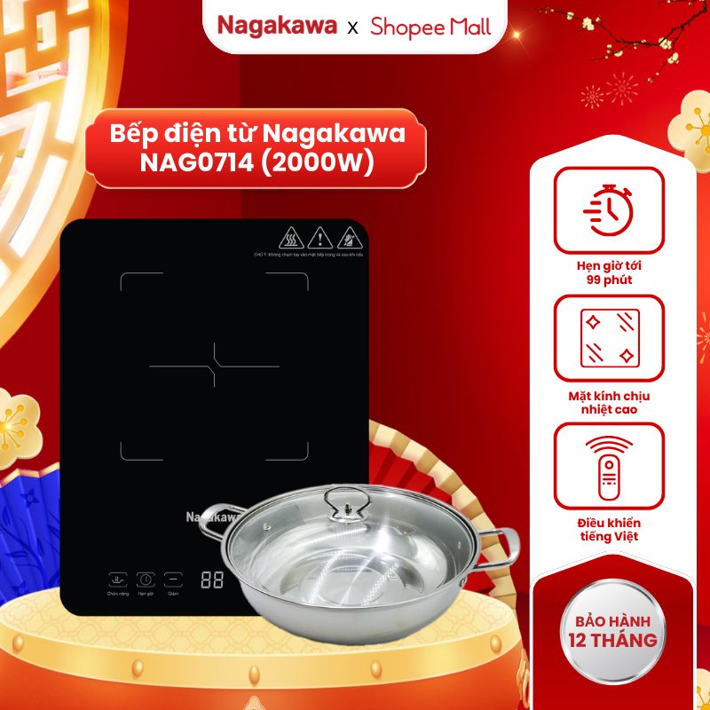 Bếp từ Nagakawa NAG0704 - Bếp điện từ đơn 2000W, Kính chịu nhiệt, Đen