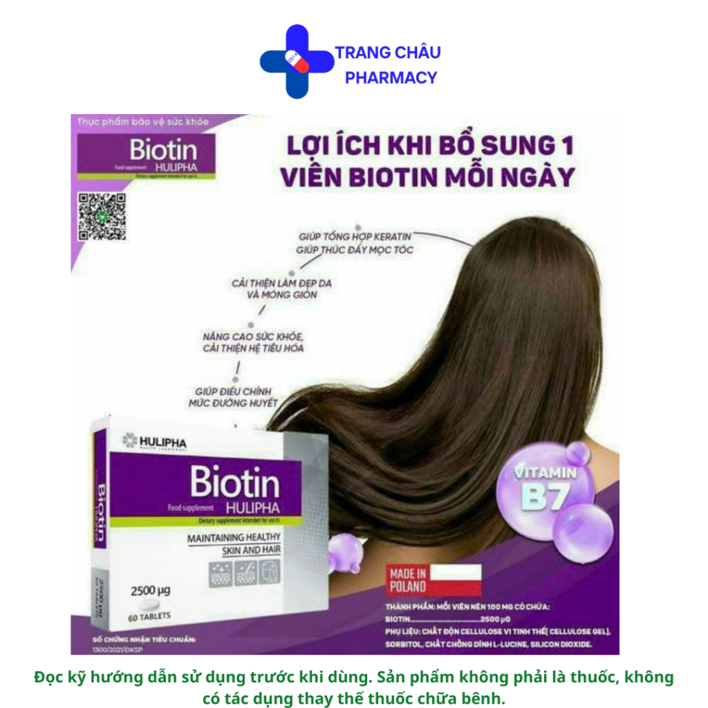 Biotin HULIPHA  Poland 2500mcg 2 vỉ x 30 viên – Hỗ trợ da, móng, tóc chắc khoẻ
