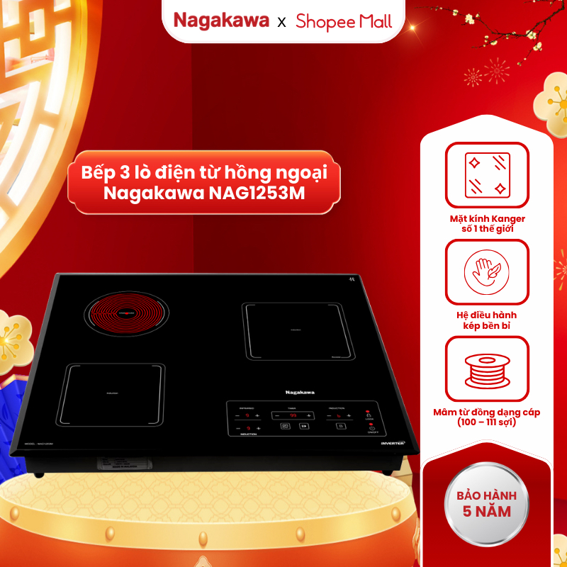 Bếp điện từ hồng ngoại Nagakawa NAG1253M - 3 vùng nấu, màu đen, kích thước 590x520mm