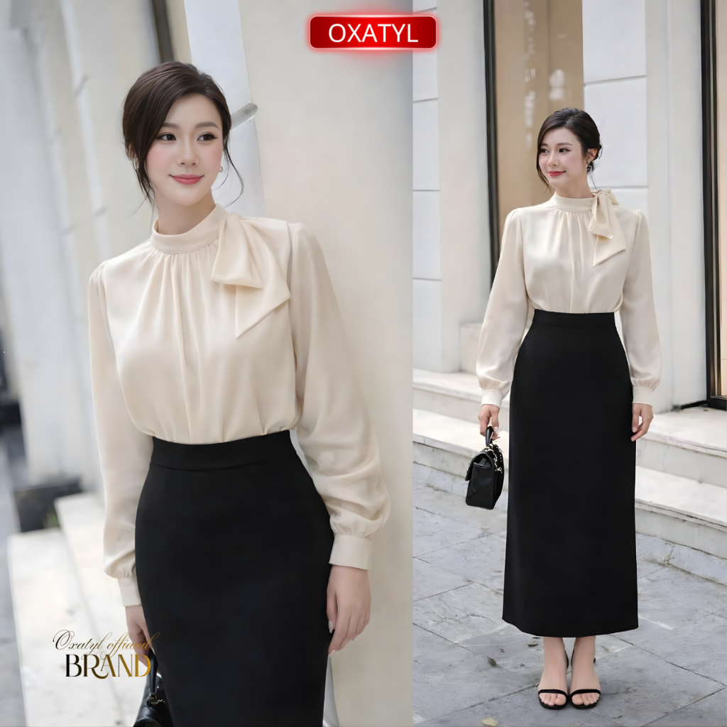 Áo sơ mi lụa tay dài cổ tròn thắt nơ Oxatyl A433 thời trang công sở mặc đi chơi, đi làm sang trọng | BigBuy360 - bigbuy360.vn