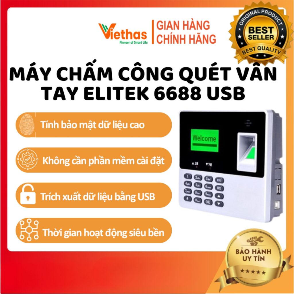 Máy chấm công quét vân tay ELITEK 6688 USB (Đen xám) xuất file Excel tiện lợi