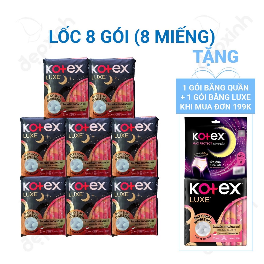 Combo 8 gói băng vệ sinh Kotex LUXE Ngày Cánh 23cm 8 miếng