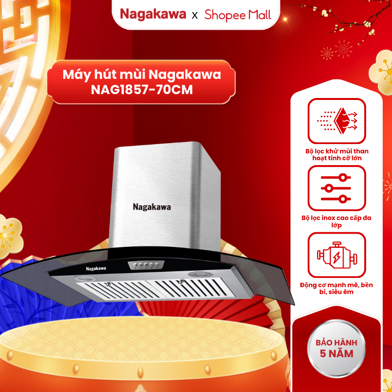 Máy hút mùi Nagakawa NAG1857-70CM, 70cm, gắn tường, lọc than hoạt tính
