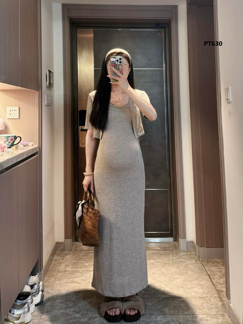 Set đầm bầu 2 dây ôm body cotton thun dáng dài phối áo khoác ngắn tay mặc đi chơi, đi tiệc - PT630