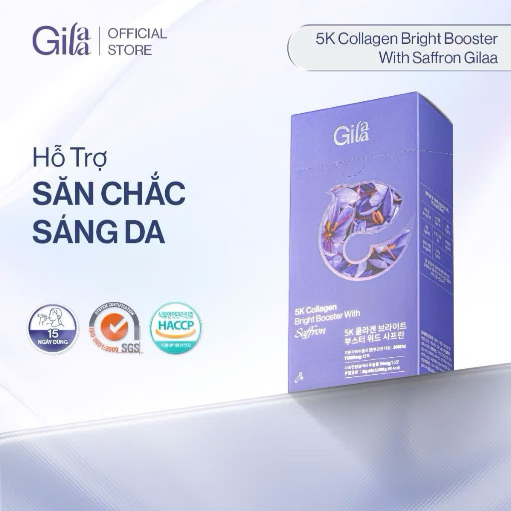 COLLAGEN GILAA 5K COLLAGEN BRIGHT BOOSTER WITH SAFFRON ,hộp 15 gói) GIÚP TRẺ HÓA TRẮNG KHỎE DA