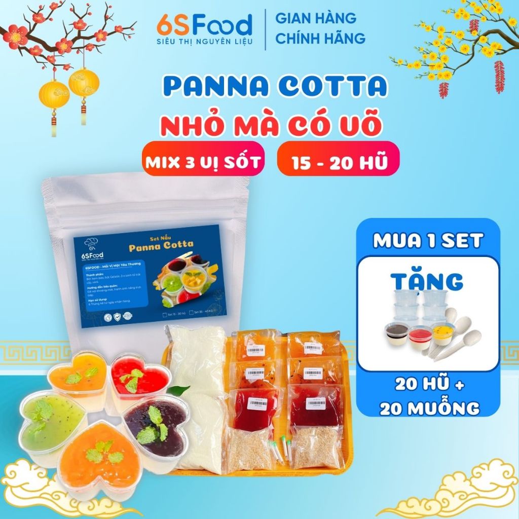 [Kèm hũ, muỗng] Set Làm Panna Cotta Nhỏ Mà Có Võ 15-20 hũ mix 3 vị sốt Dâu, Chanh leo, Xoài - 6SFOOD