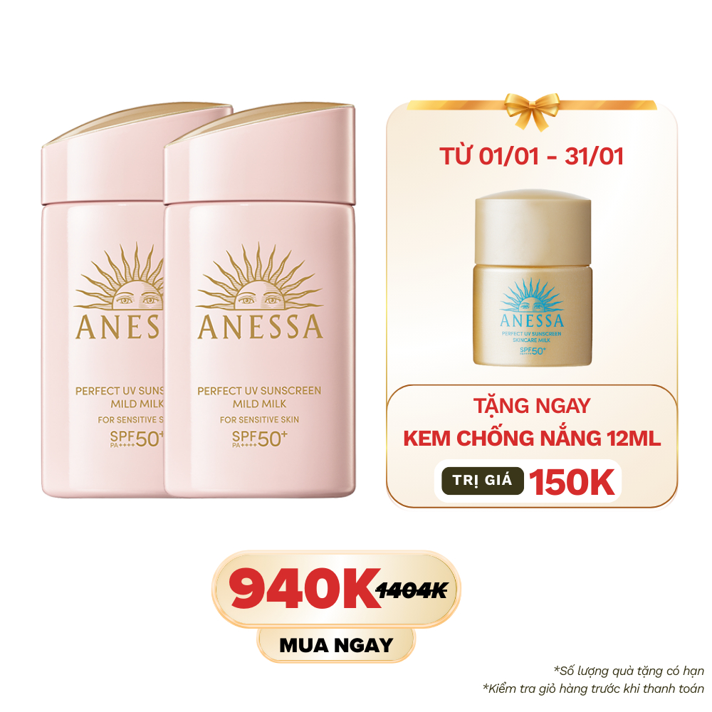[Tặng 1 mini size] Bộ đôi Kem chống nắng dạng sữa dịu nhẹ cho da nhạy cảm và trẻ em (Anessa Mild Mil