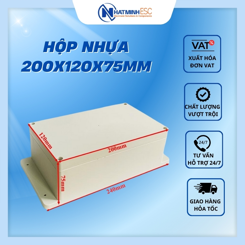 Hộp nhựa 200x120x75mm chống ẩm có tai