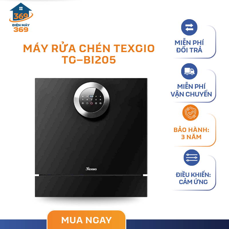 Máy Rửa Chén Bát Texgio TG - BI205 – Kính Cường Lực Đen – Điều Khiển Cảm Ứng – SMC